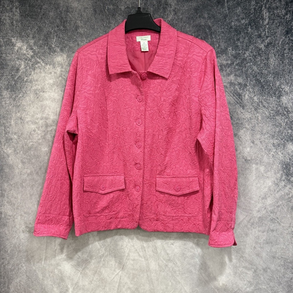 Laura Ashley Women 2X Pink Floral Jacquard Jacket Button Front Blazer Plus Size
